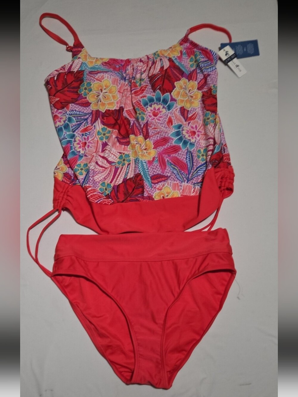 New Caribbean joe women's size 14 red floral 2 piece bathing suit #21